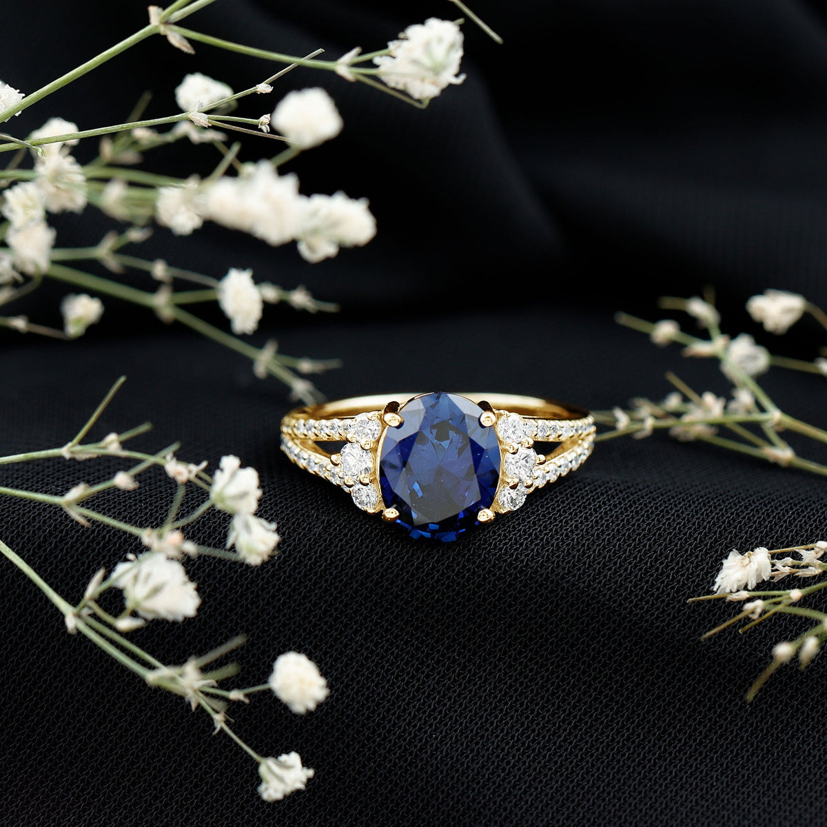 Certified 4 Carat Lab Grown Blue Sapphire Oval Engagement Ring with Diamond Split Shank
