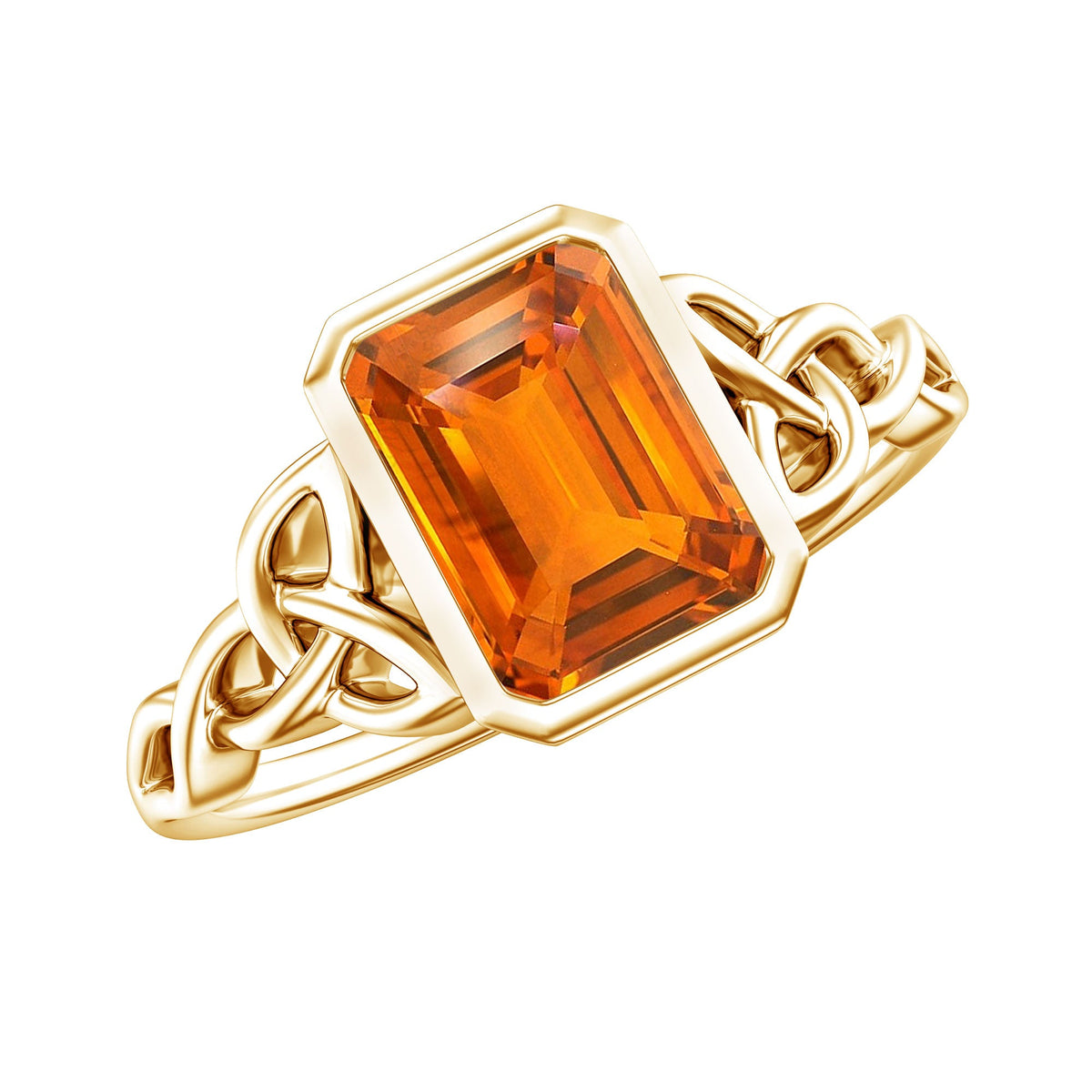 1.75 Carat Emerald Cut Lab Grown Orange Sapphire Diamond Bezel Set Engagement Ring