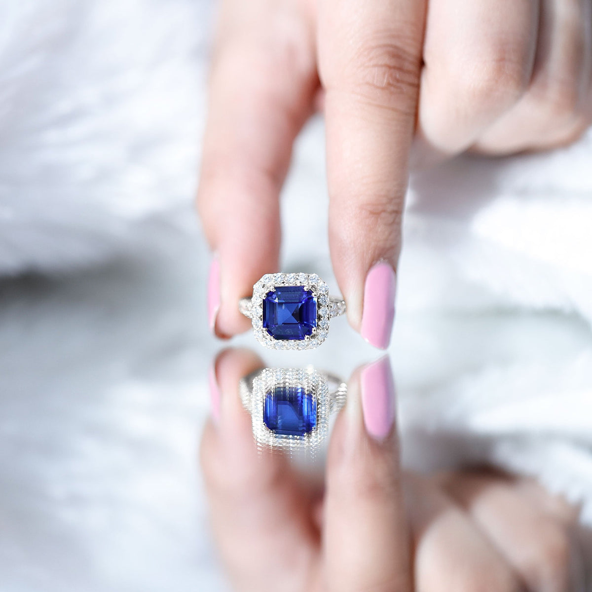 Certified 6.75 Carat Asscher Cut Lab Grown Blue Sapphire Engagement Ring with Diamond Halo