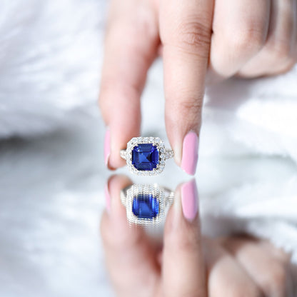 Certified 6.75 Carat Asscher Cut Lab Grown Blue Sapphire Engagement Ring with Diamond Halo