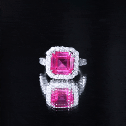 6.75 Carat Lab Grown Pink Sapphire Asscher Cut Engagement Ring with Moissanite Halo