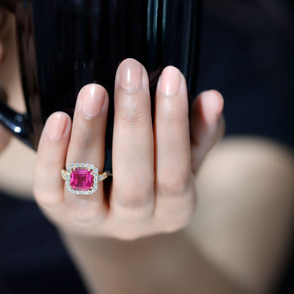 6.75 Carat Lab Grown Pink Sapphire Asscher Cut Engagement Ring with Moissanite Halo