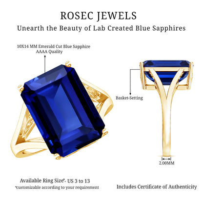 9 Carat Lab Grown Blue Sapphire Emerald Cut Engagement Ring