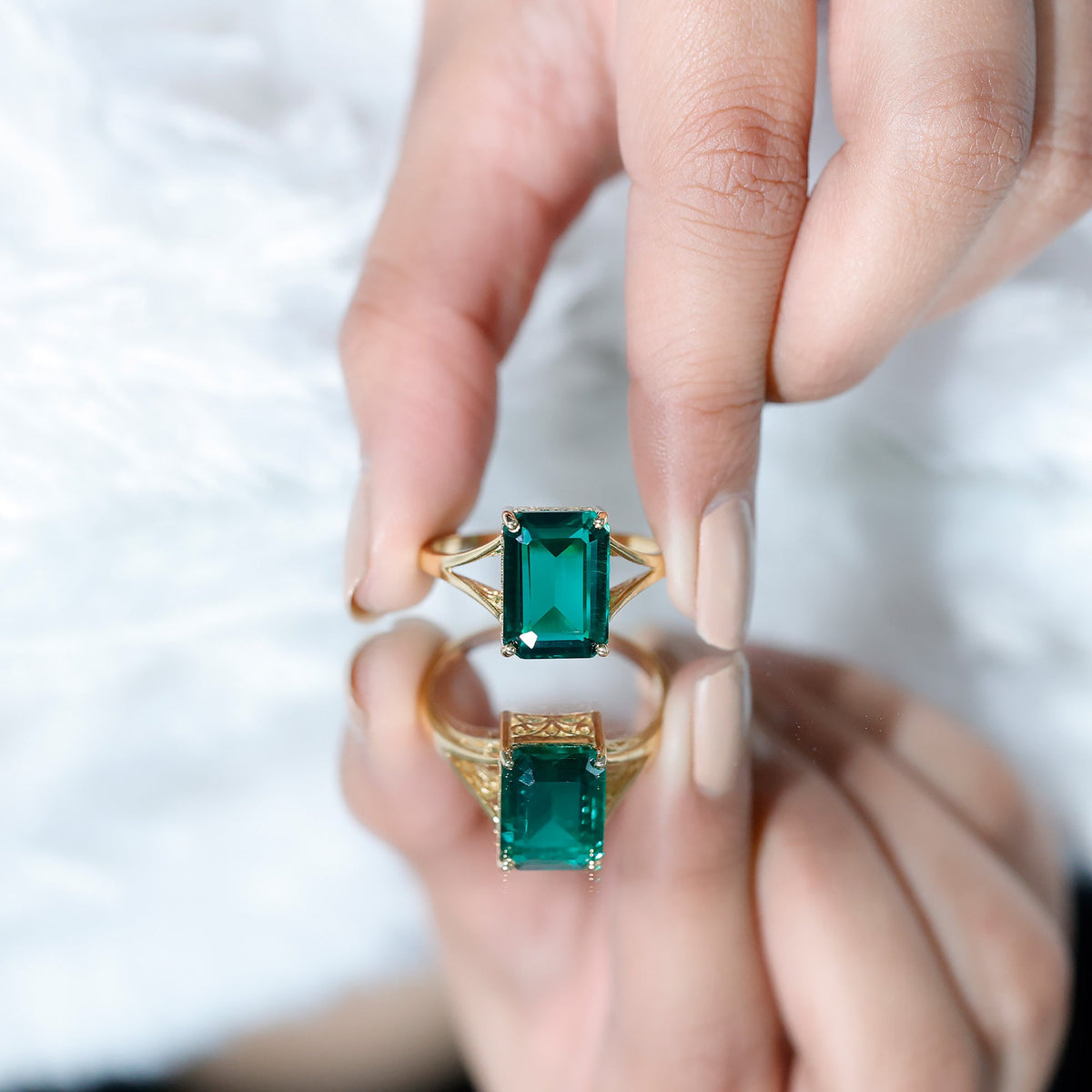 8 Carat Lab Grown Emerald Engagement Ring in Yellow Gold Plated Silver