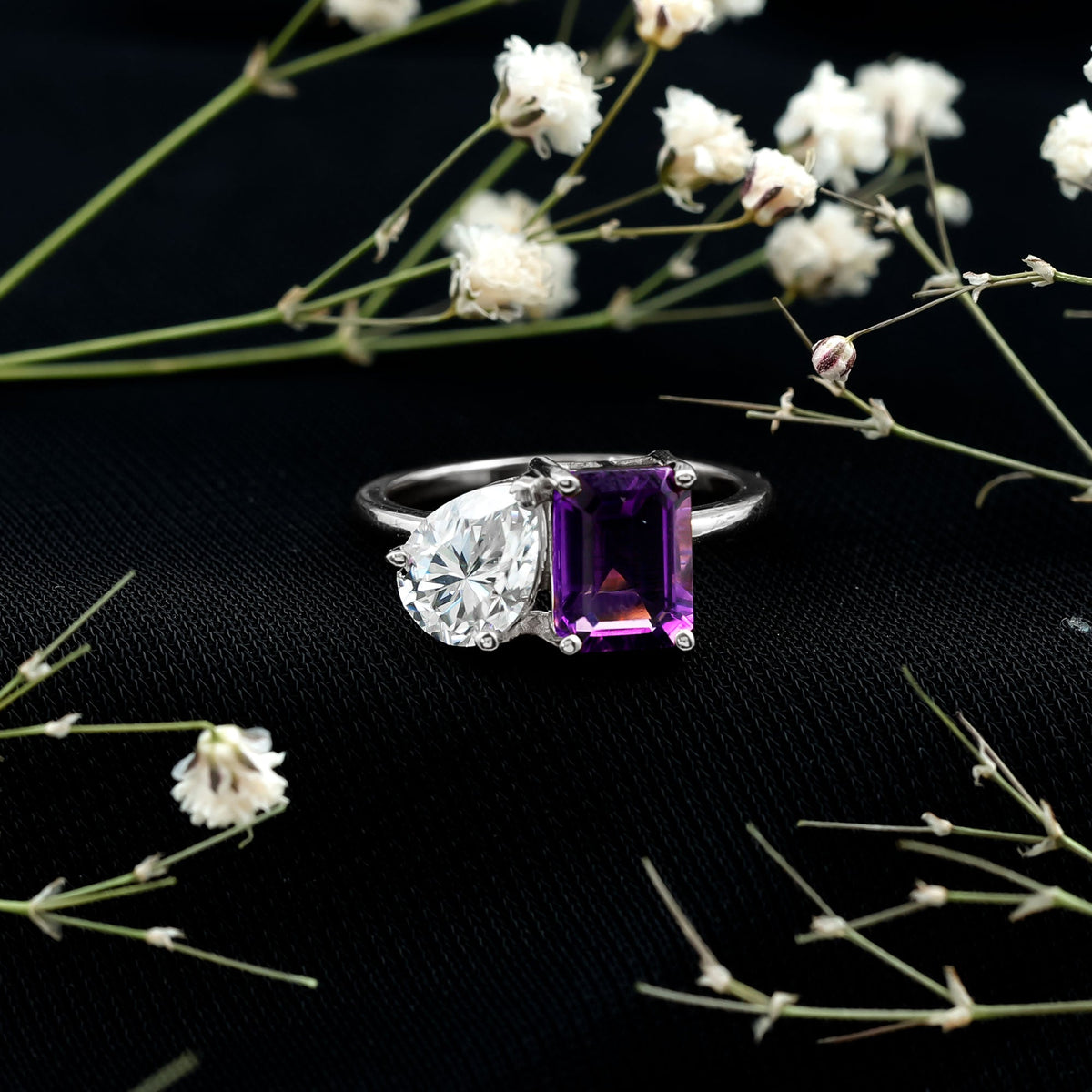 Certified Real Amethyst Toi Et Moi Engagement Ring with Moissanite
