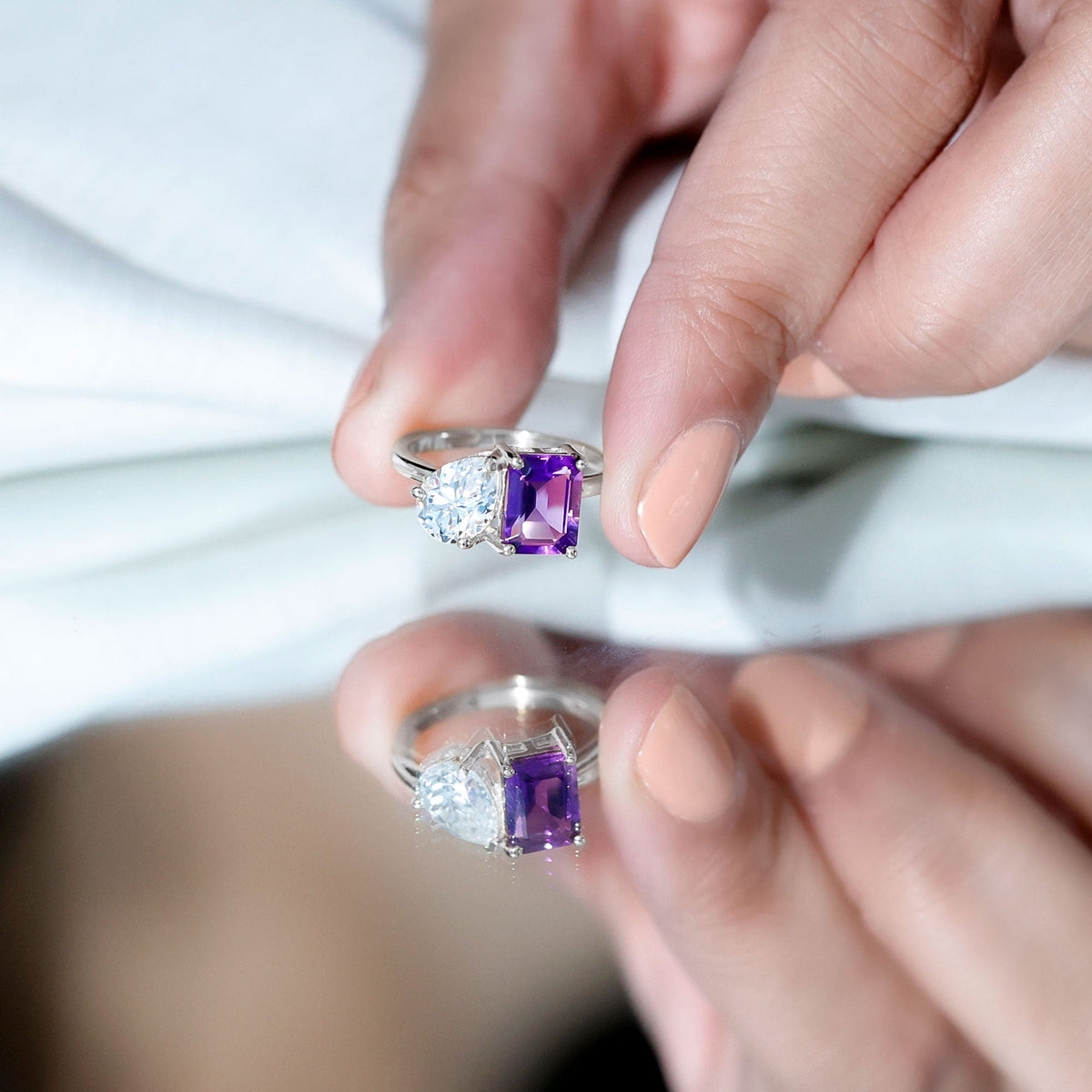 Certified Real Amethyst Toi Et Moi Engagement Ring with Moissanite