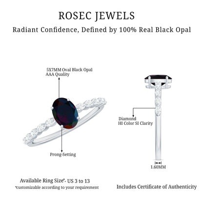 Oval Black Opal Solitaire Engagement Ring with Diamond