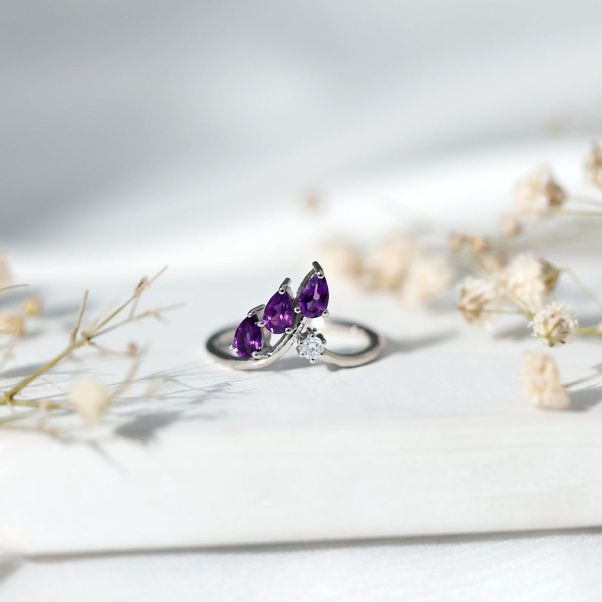 Real Pear Shaped Amethyst and Diamond Ring For Women