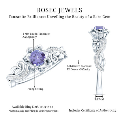 Certified Tanzanite and Diamond Flower Engagement Ring in Silver