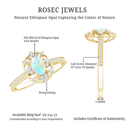 Vintage Looking 0.50 Carat Ethiopian Opal Oval Engagement Ring with Diamond Accent