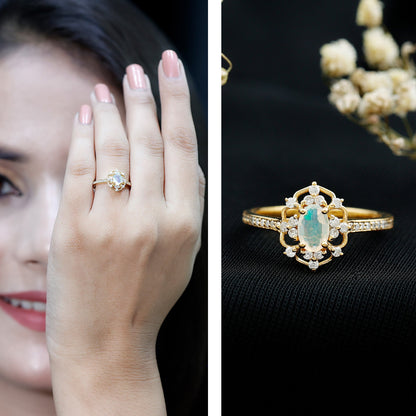 Vintage Looking 0.50 Carat Ethiopian Opal Oval Engagement Ring with Diamond Accent
