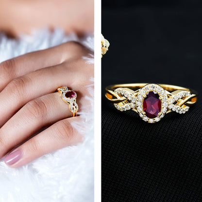Genuine Rhodolite Garnet and Diamond Criss Cross Engagement Ring