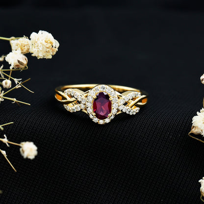 Genuine Rhodolite Garnet and Diamond Criss Cross Engagement Ring