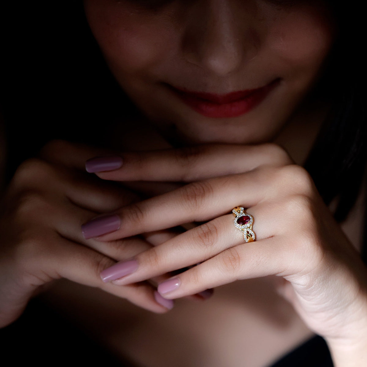 Genuine Rhodolite Garnet and Diamond Criss Cross Engagement Ring