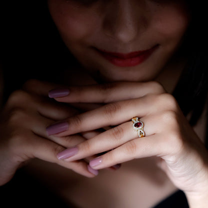 Genuine Rhodolite Garnet and Diamond Criss Cross Engagement Ring