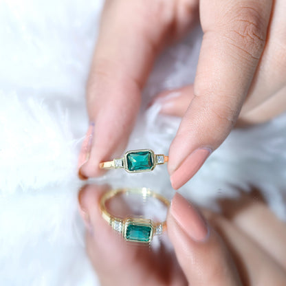 1 Carat Lab Grown Emerald 3 Stone Engagement Ring with Diamond in East West Style