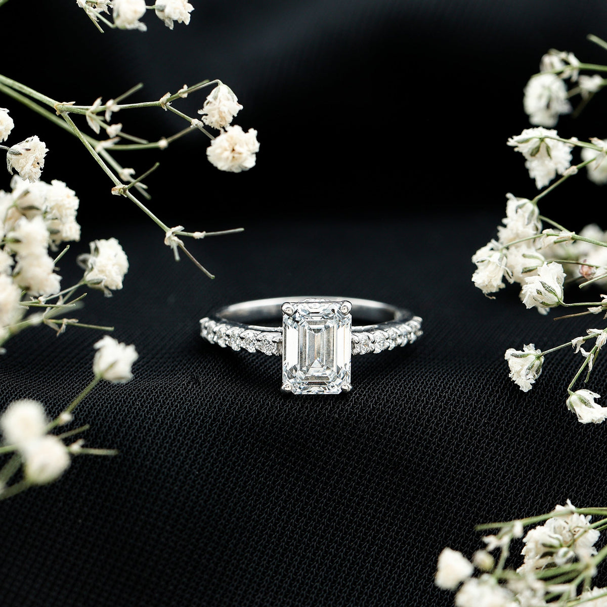 Diamond Emerald Cut Engagement Ring With Hidden Halo