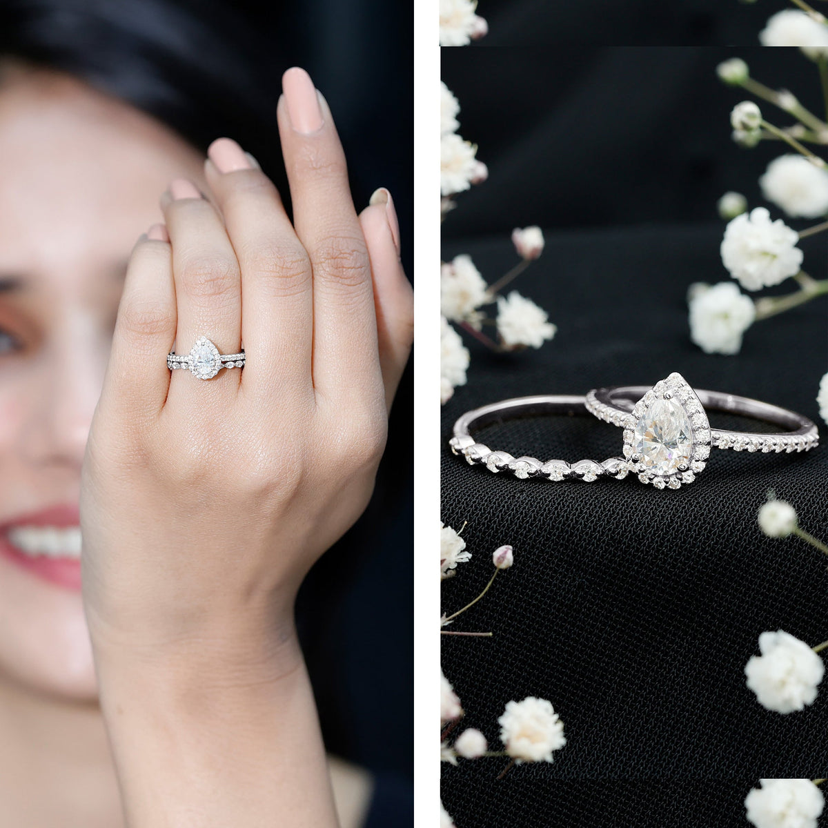Lab Created Diamond Teardrop Engagement Ring With Stackable Band
