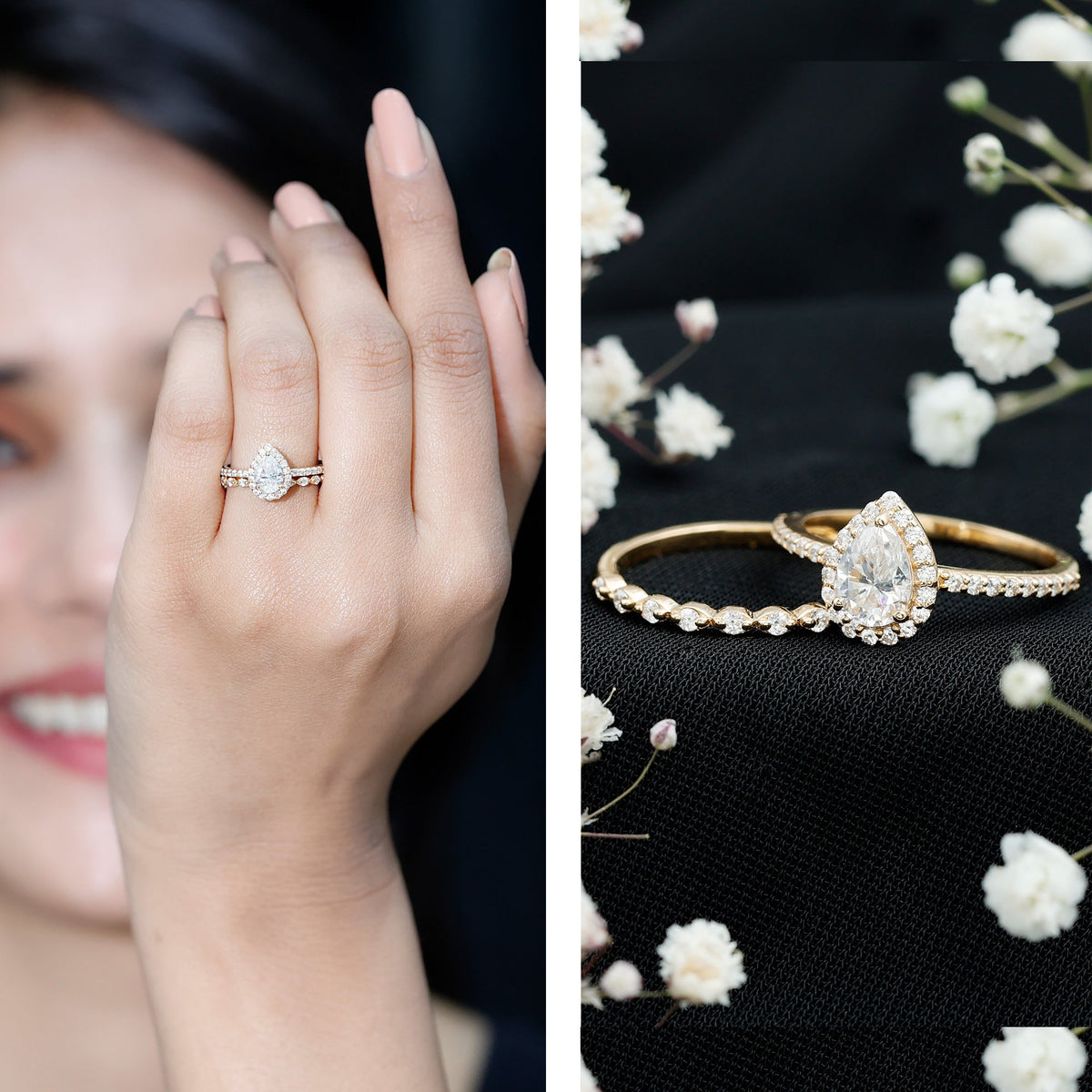 Lab Created Diamond Teardrop Engagement Ring With Stackable Band