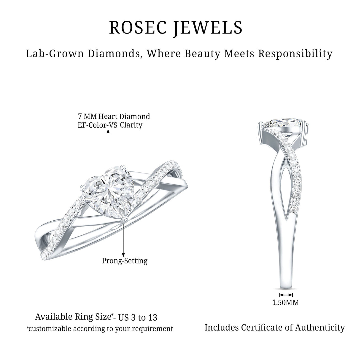 Lab Created Diamond Heart Crossover Engagement Ring