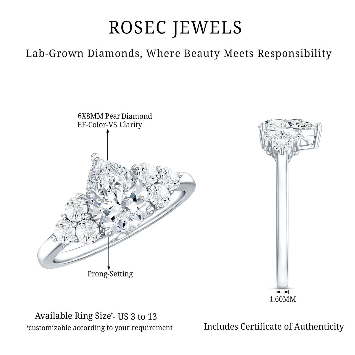 Lab Grown Diamond Teardrop Engagement Ring With Round Shape Trio