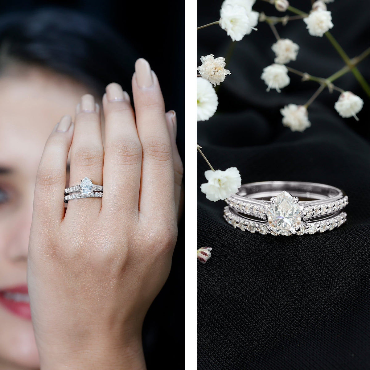 Pear Cut 1.3 Carat Lab Grown Diamond Marriage Ring Set for Women