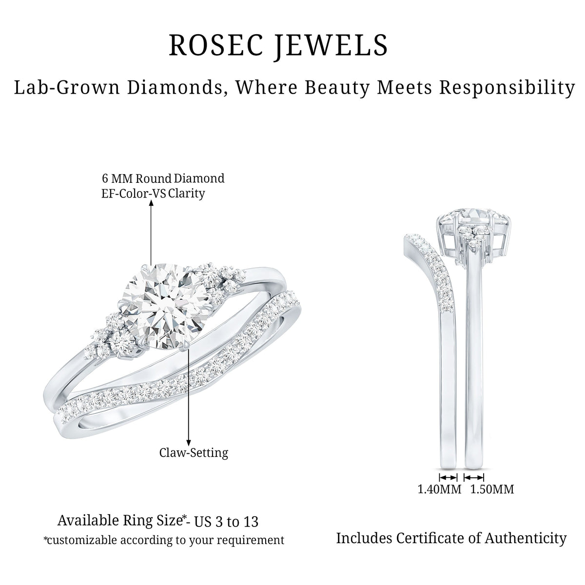 Certified Diamond Bridal Ring Set with Curved Band
