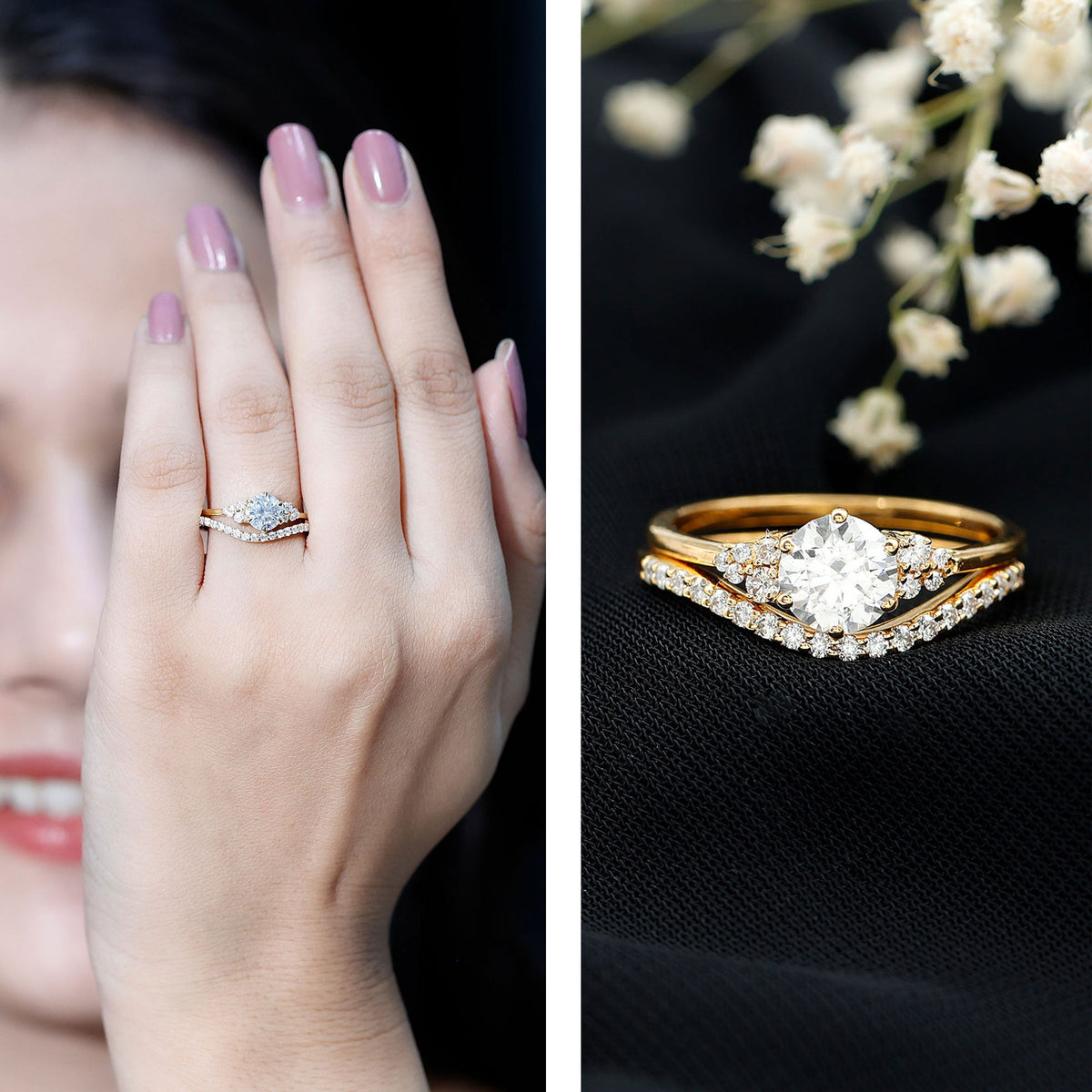 Certified Diamond Bridal Ring Set with Curved Band
