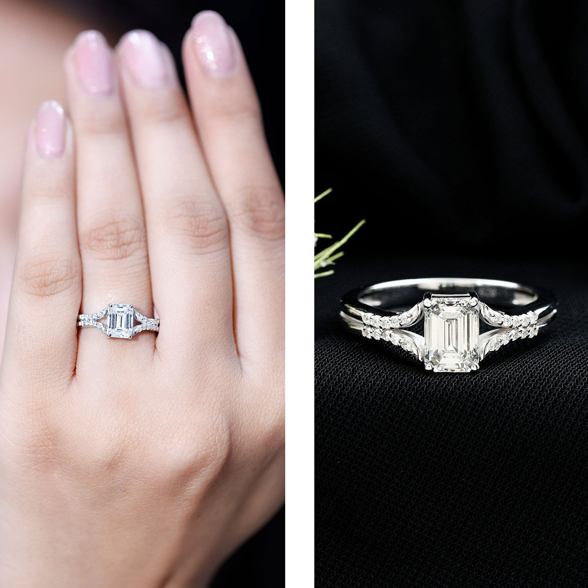 Emerald Cut Lab Diamond Engagement Ring With Split Shank Ring