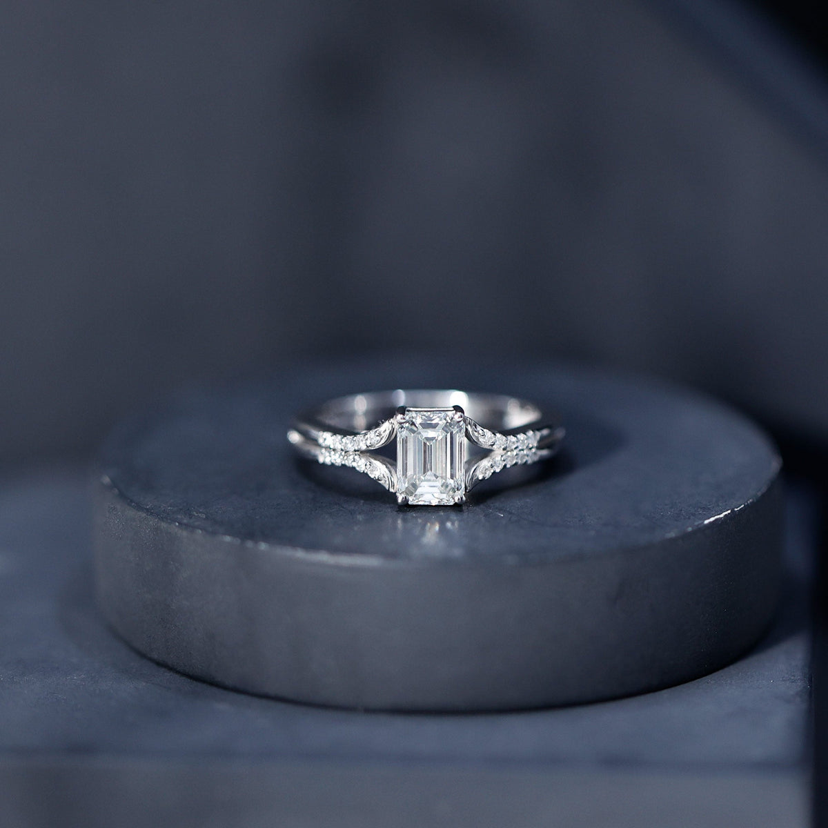 Emerald Cut Lab Diamond Engagement Ring With Split Shank Ring