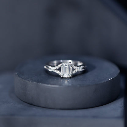 Emerald Cut Lab Diamond Engagement Ring With Split Shank Ring