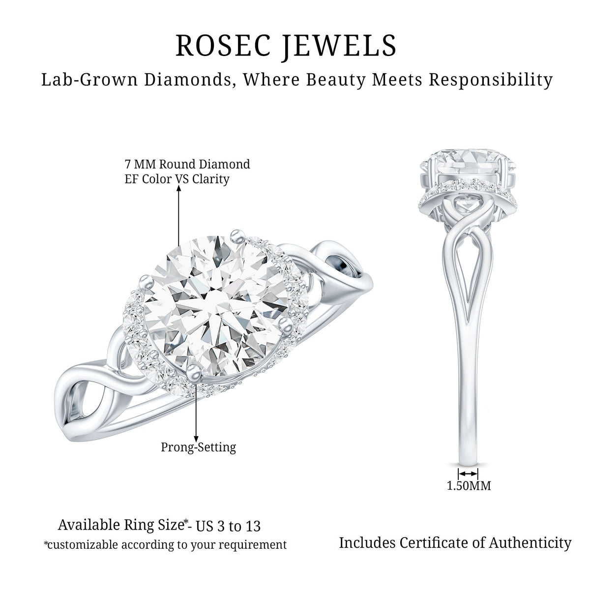 1.2 Carat Round Lab Created Diamond Solitaire Infinity Ring for Her