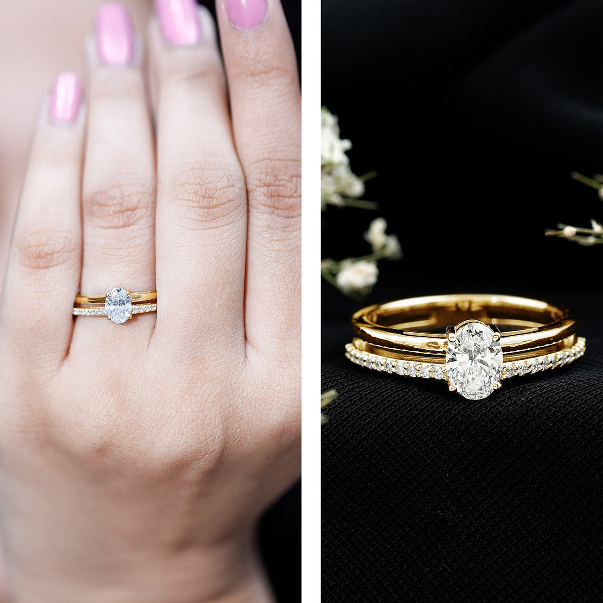 0.75 Carat Oval Cut Diamond Solitaire Double Band Engagement Ring For Her
