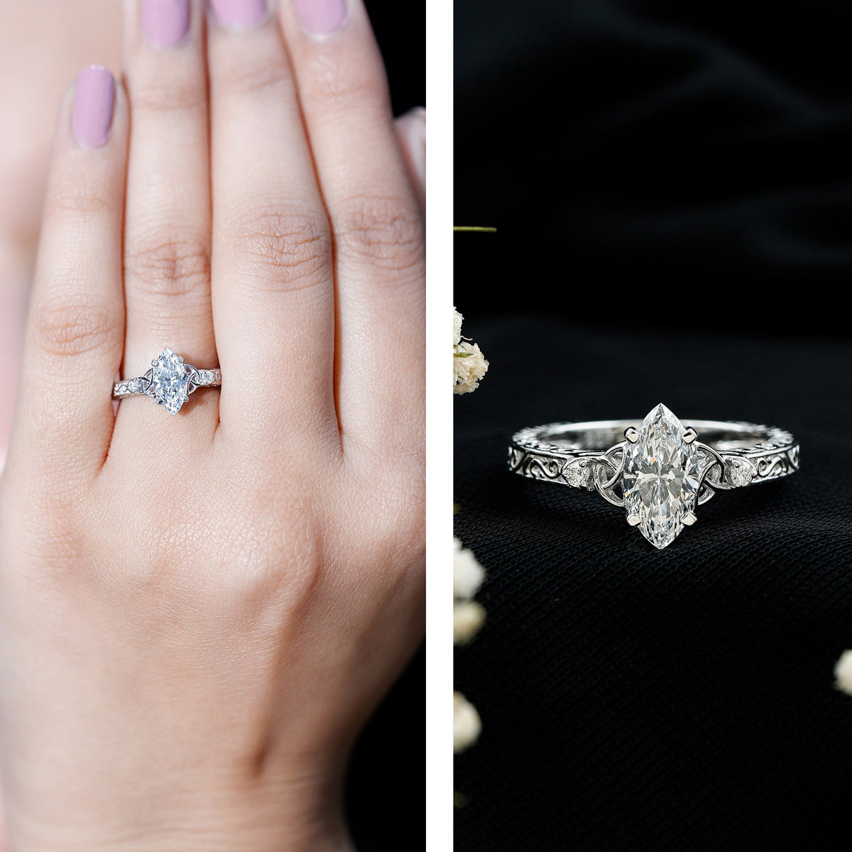 Lab Grown Diamond Marquise Engagement Ring with Celtic Knot Detail