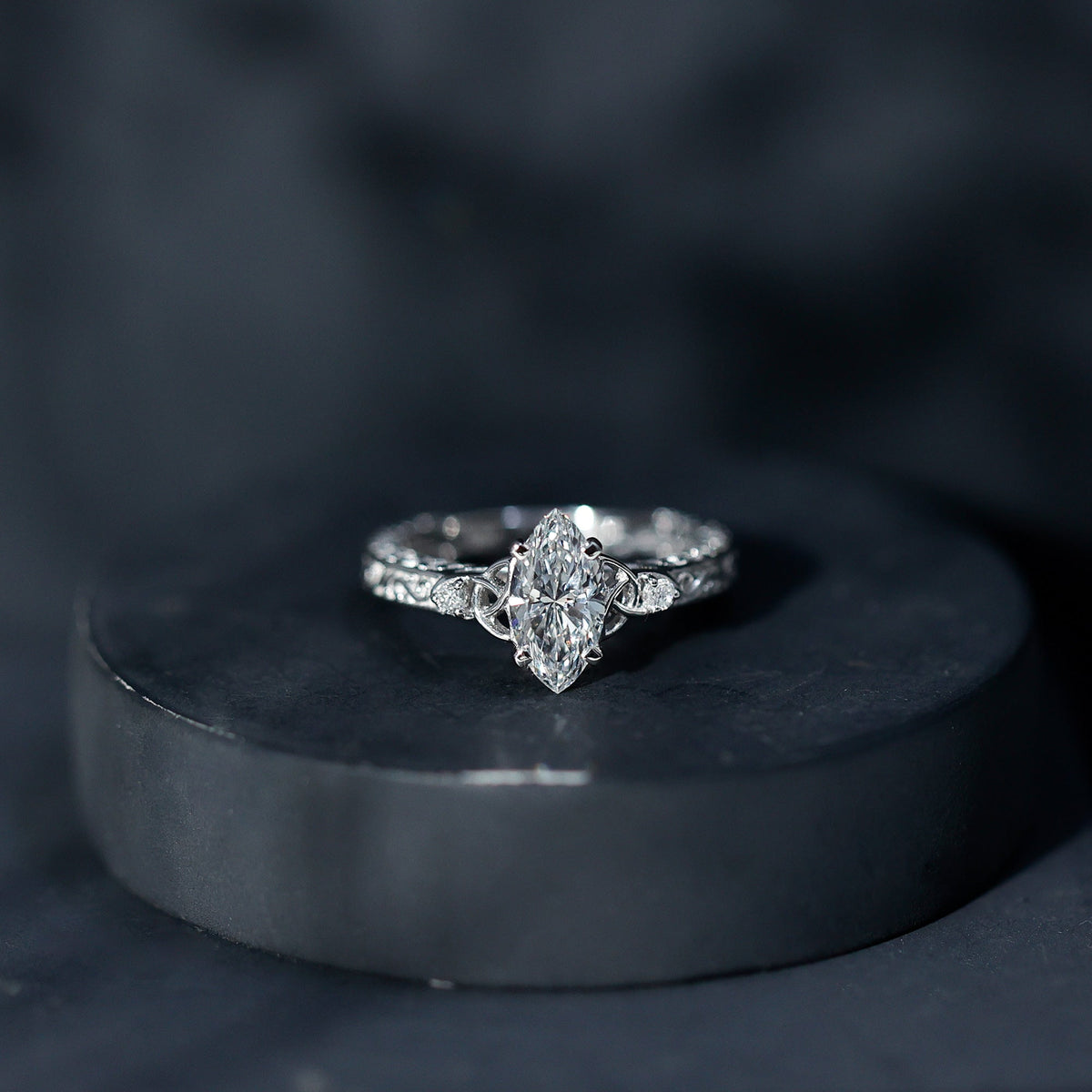 Lab Grown Diamond Marquise Engagement Ring with Celtic Knot Detail