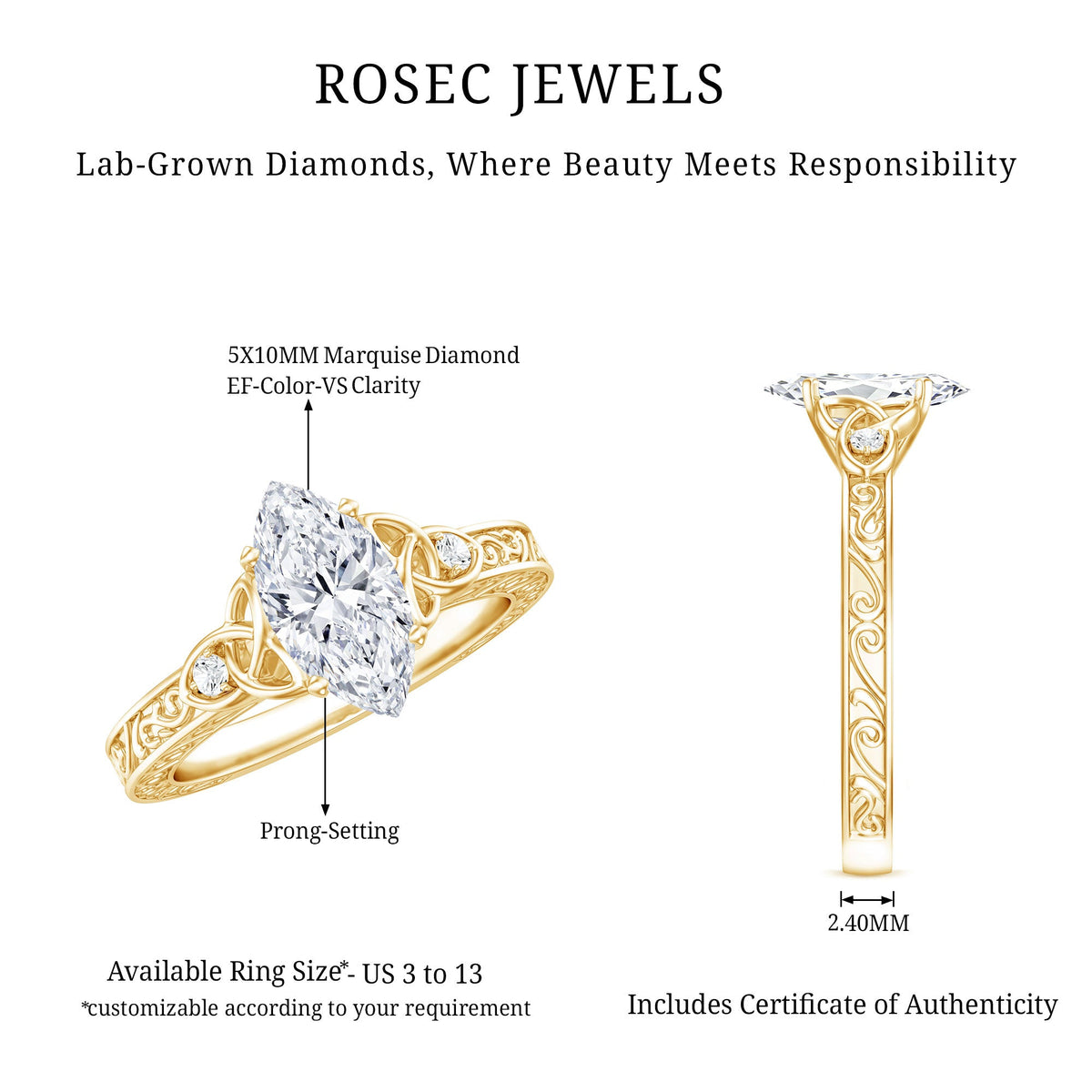Lab Grown Diamond Marquise Engagement Ring with Celtic Knot Detail