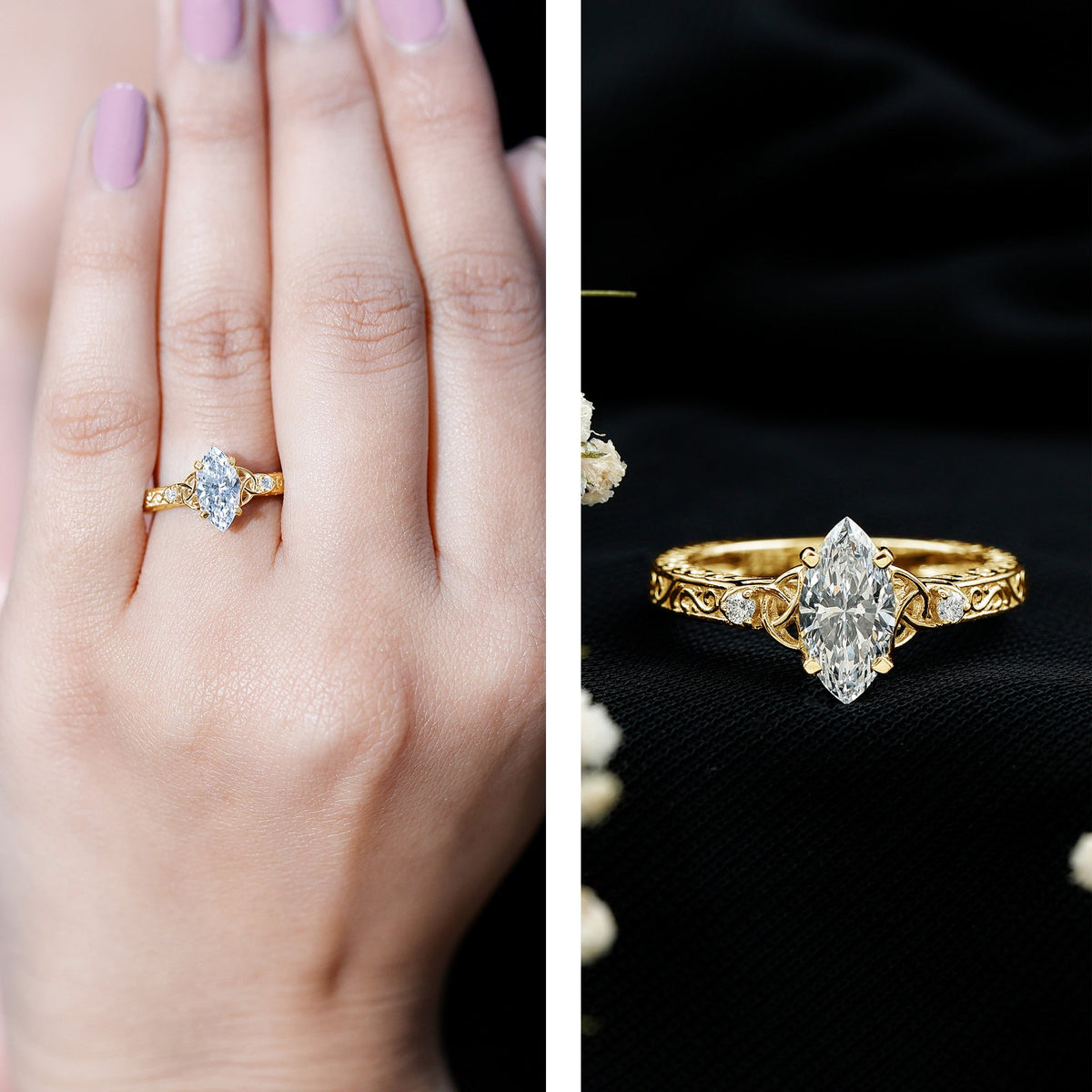 Lab Grown Diamond Marquise Engagement Ring with Celtic Knot Detail