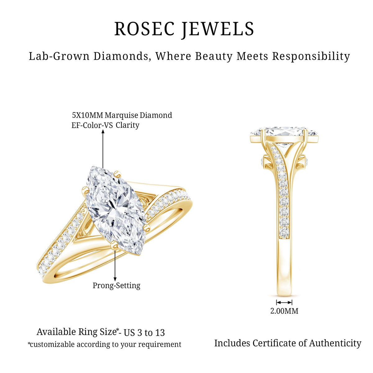 Brilliant Cut Lab Grown Diamond Marquise Engagement Ring with Split Shank