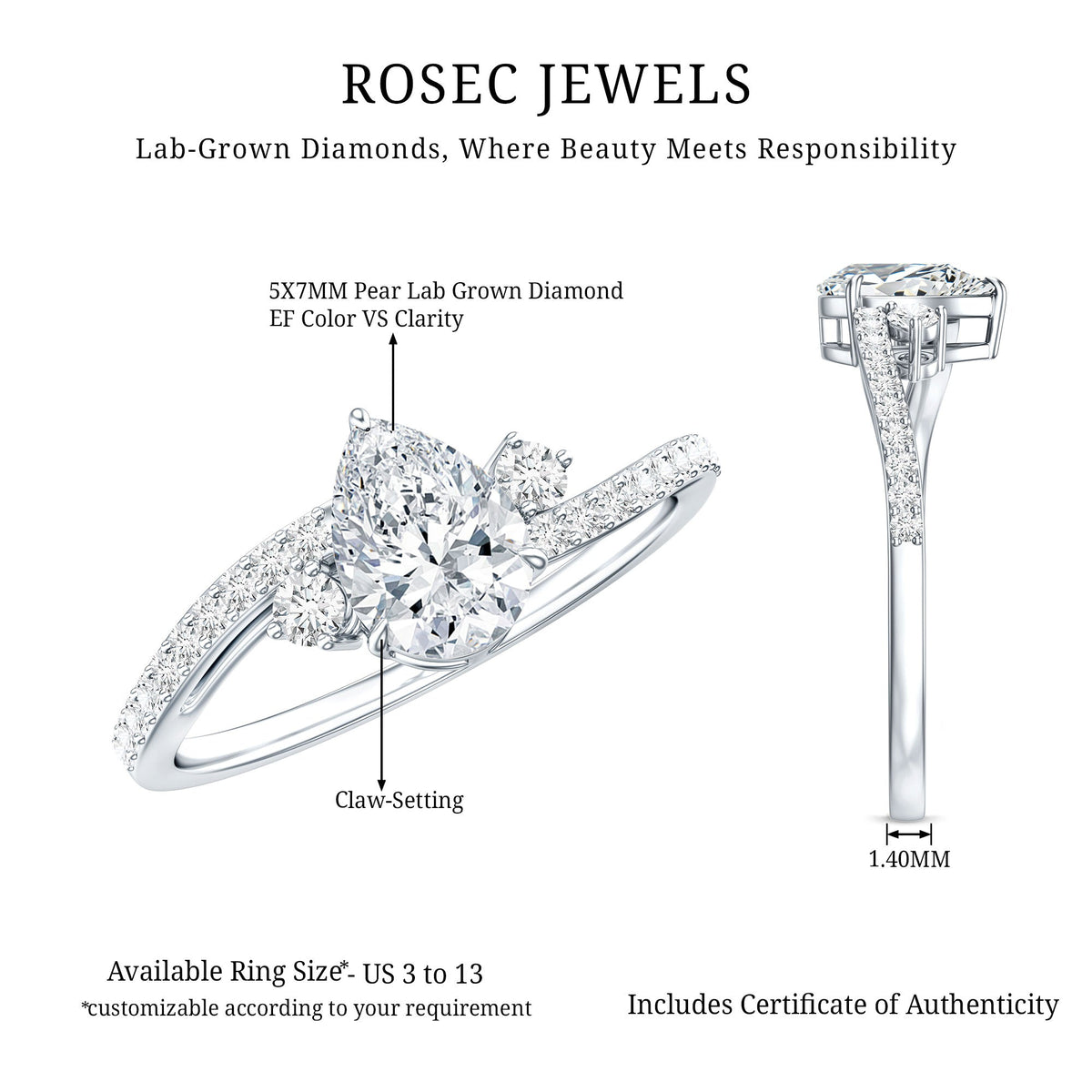 Pear Lab Created Diamond Engagement Bypass Ring for Her
