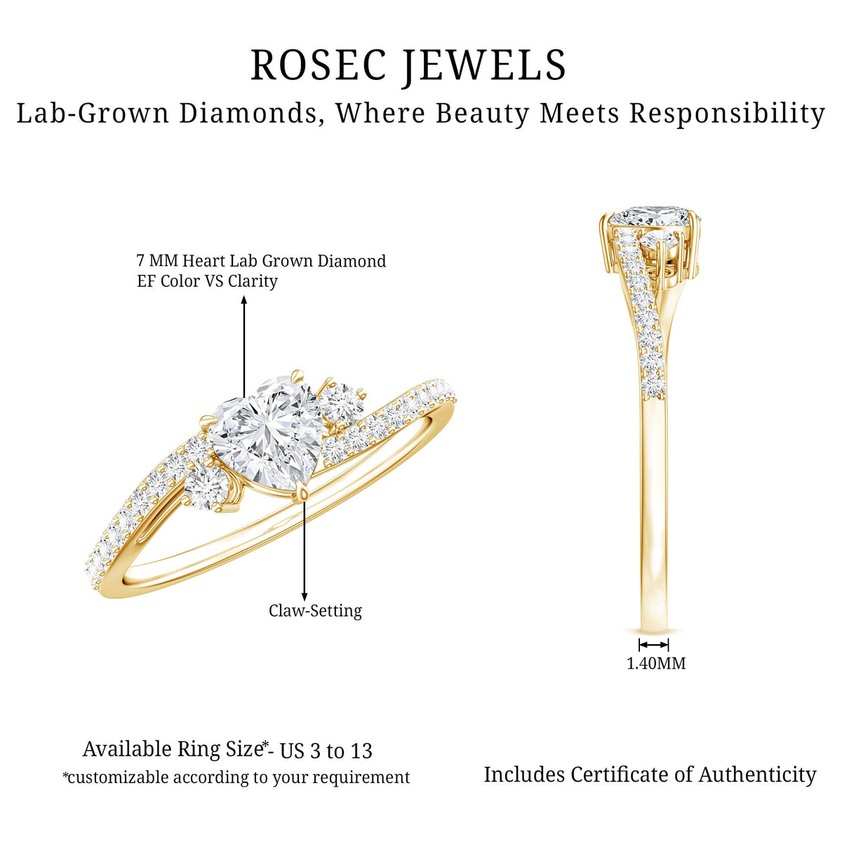 1.5 Carat Heart Shaped Lab Grown Diamond Engagement Rings With Bypass Shank