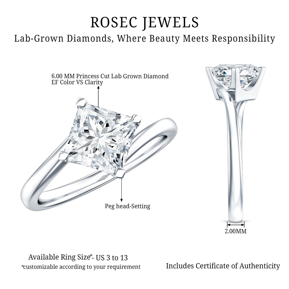 Princess Cut Lab Grown Diamond Bypass Engagement Ring for Women