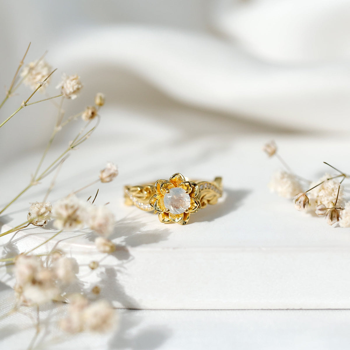 Genuine Moonstone and Diamond Blooming Engagement Ring in Silver
