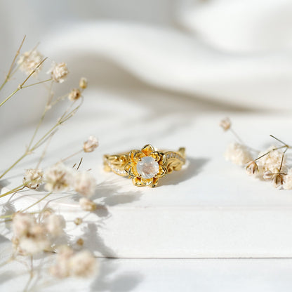 Genuine Moonstone and Diamond Blooming Engagement Ring in Silver