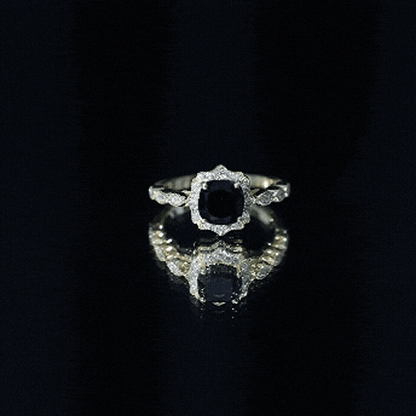 Black Onyx Vintage Looking Engagement Ring with Lab Diamond Halo