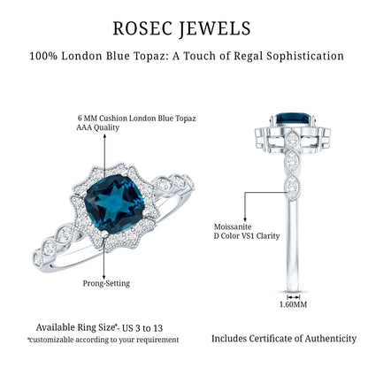Genuine London Blue Topaz Antique Looking Engagement Ring in Silver