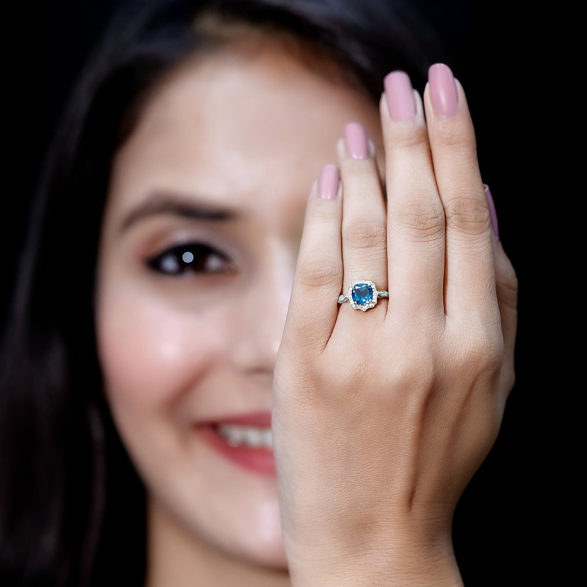 Genuine London Blue Topaz Antique Looking Engagement Ring in Silver