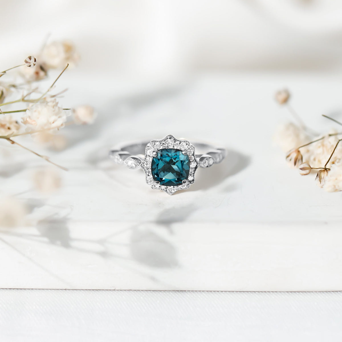 Genuine London Blue Topaz Antique Looking Engagement Ring in Silver