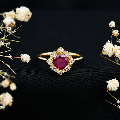 Vintage Style Rhodolite Garnet and Diamond Engagement Ring