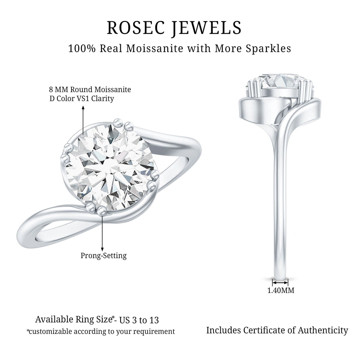 2 Carat Round Moissanite Bypass Engagement Ring
