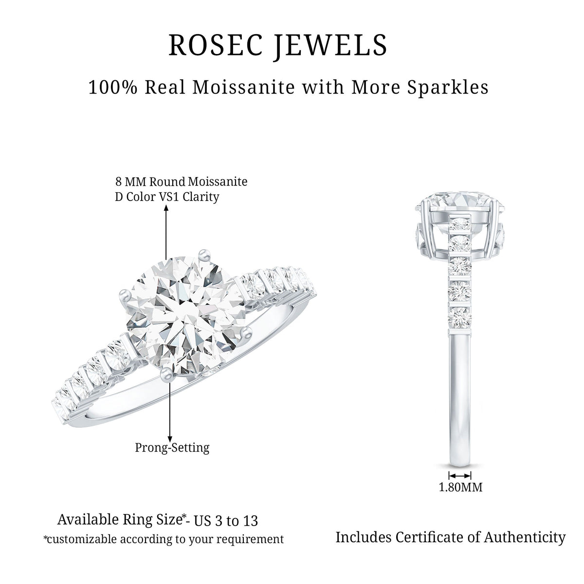 Solitaire Moissanite Engagement Ring with Side Stones